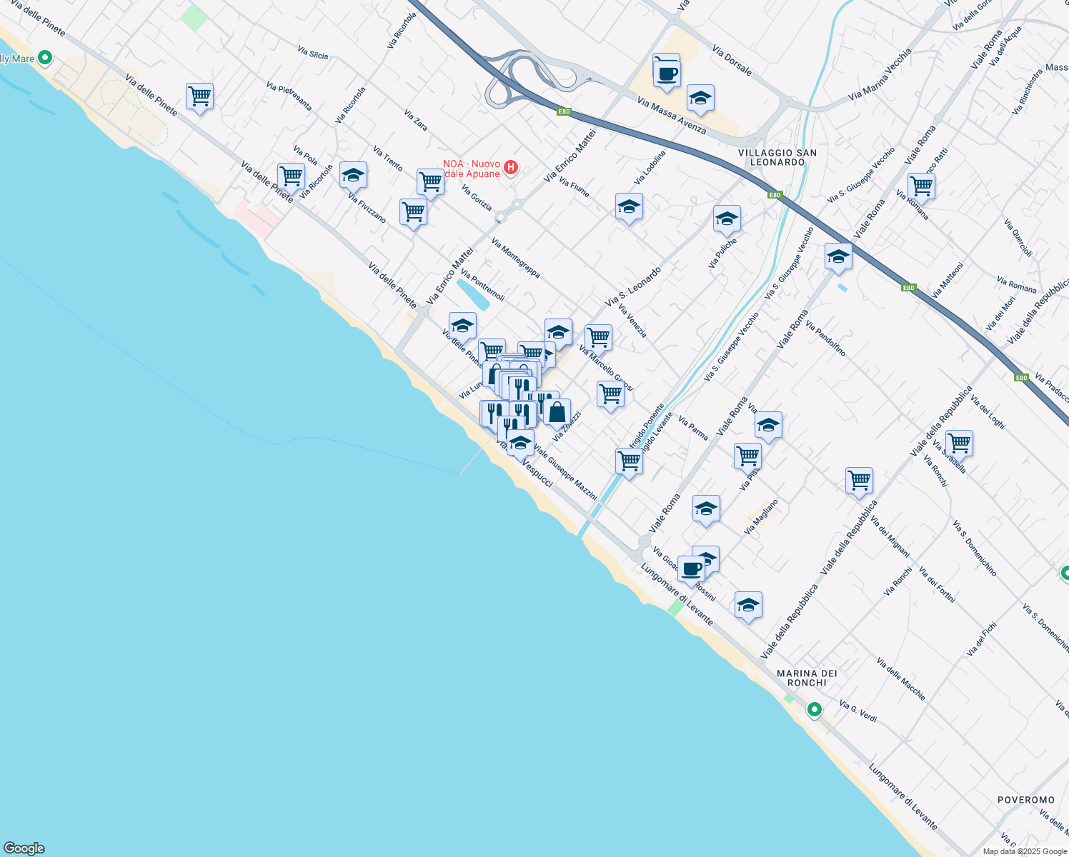 map of restaurants, bars, coffee shops, grocery stores, and more near 11 Piazza G. Pellerano in Massa