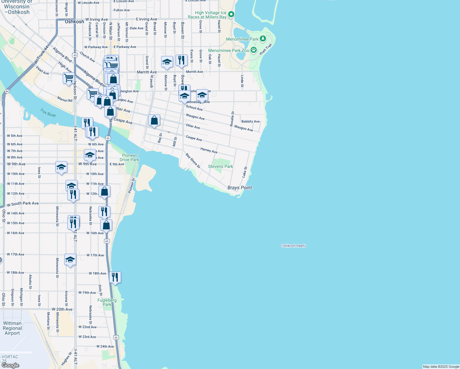 map of restaurants, bars, coffee shops, grocery stores, and more near 9 Eveline Street in Oshkosh
