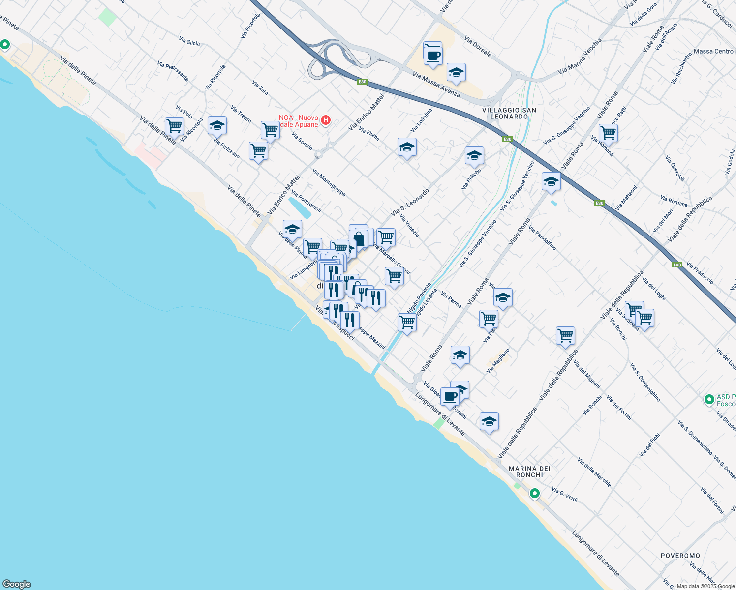 map of restaurants, bars, coffee shops, grocery stores, and more near 528 Via Zolezzi in Marina di Massa