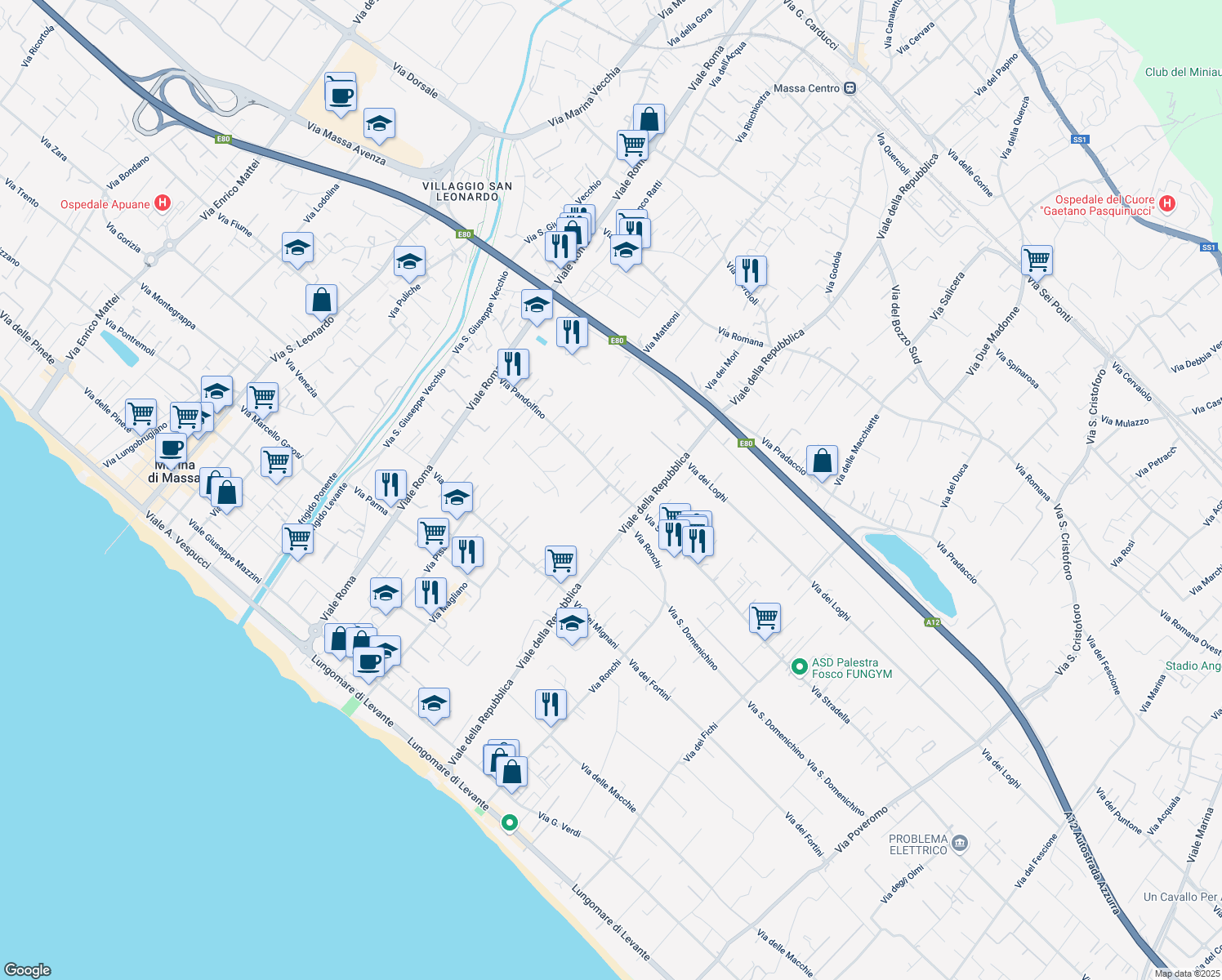 map of restaurants, bars, coffee shops, grocery stores, and more near 218 Via Pandolfino in Massa