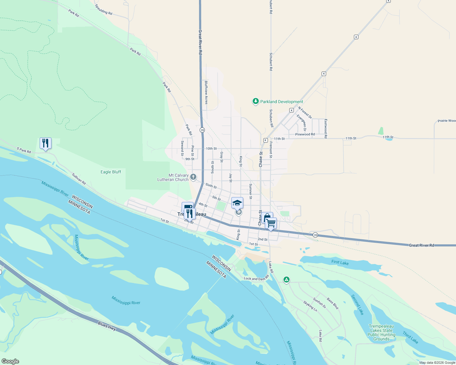 map of restaurants, bars, coffee shops, grocery stores, and more near 24321 7th Street in Trempealeau