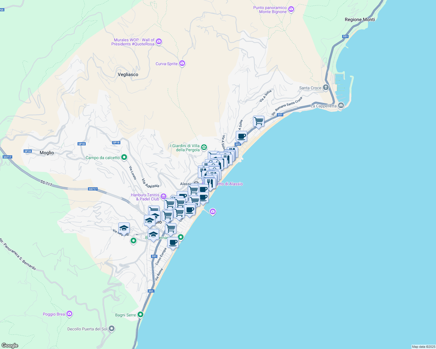 map of restaurants, bars, coffee shops, grocery stores, and more near 33 Piazza Partigiani in Alassio