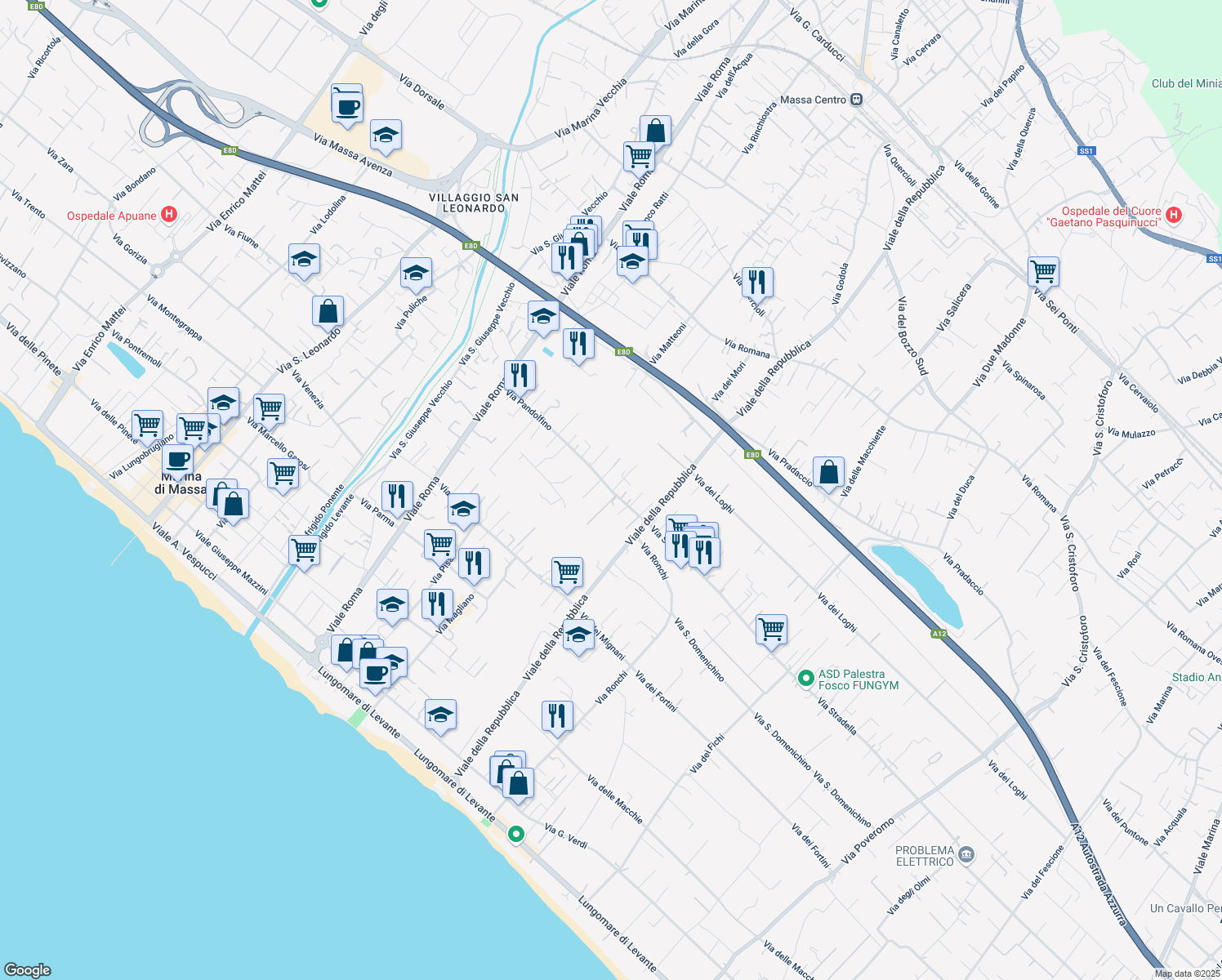 map of restaurants, bars, coffee shops, grocery stores, and more near 218 Via Pandolfino in Massa