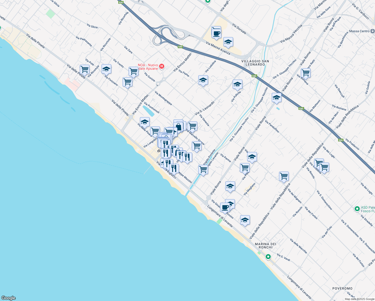 map of restaurants, bars, coffee shops, grocery stores, and more near 528 Via Giuseppe Zolezzi in Massa