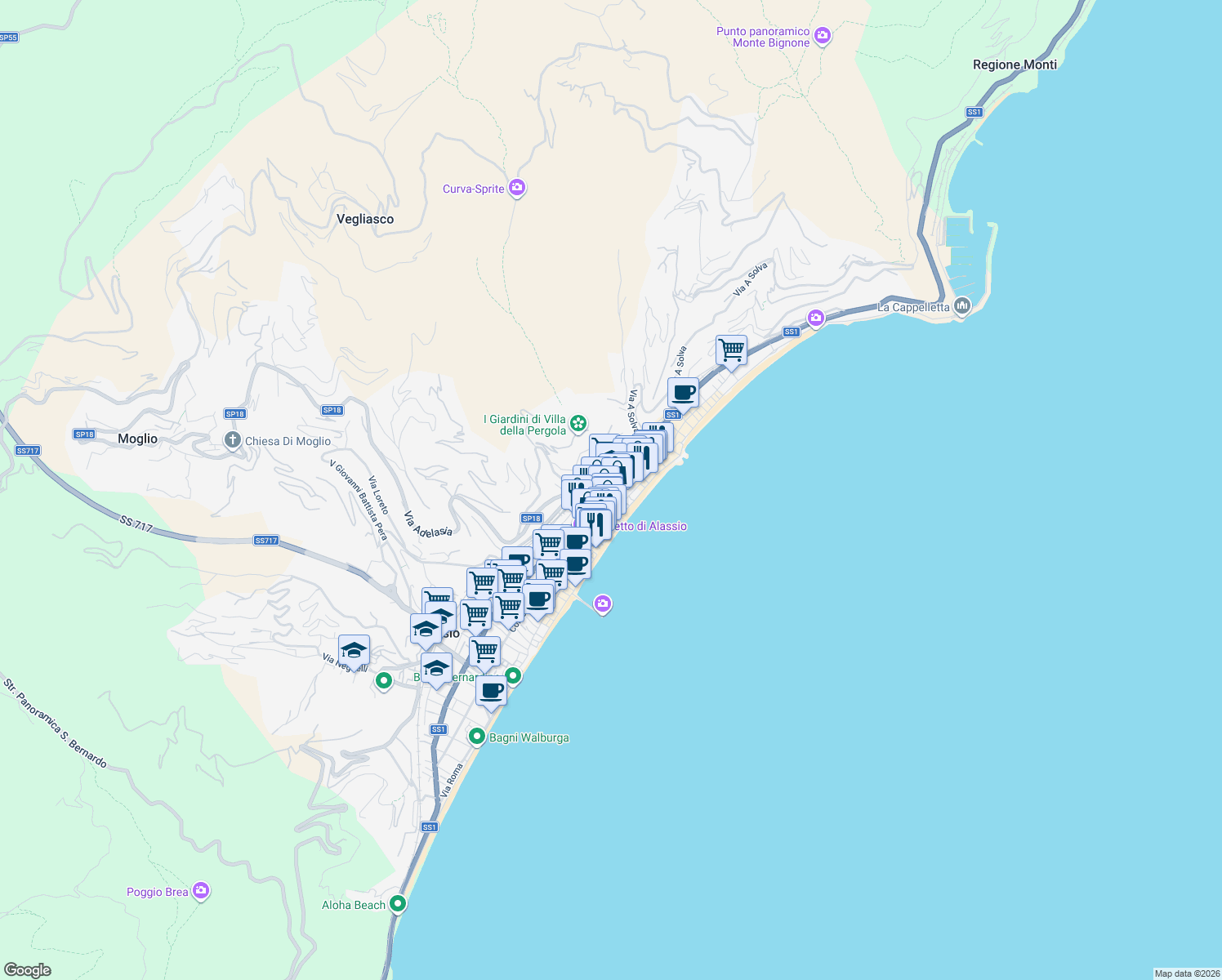 map of restaurants, bars, coffee shops, grocery stores, and more near 33 Piazza Partigiani in Alassio