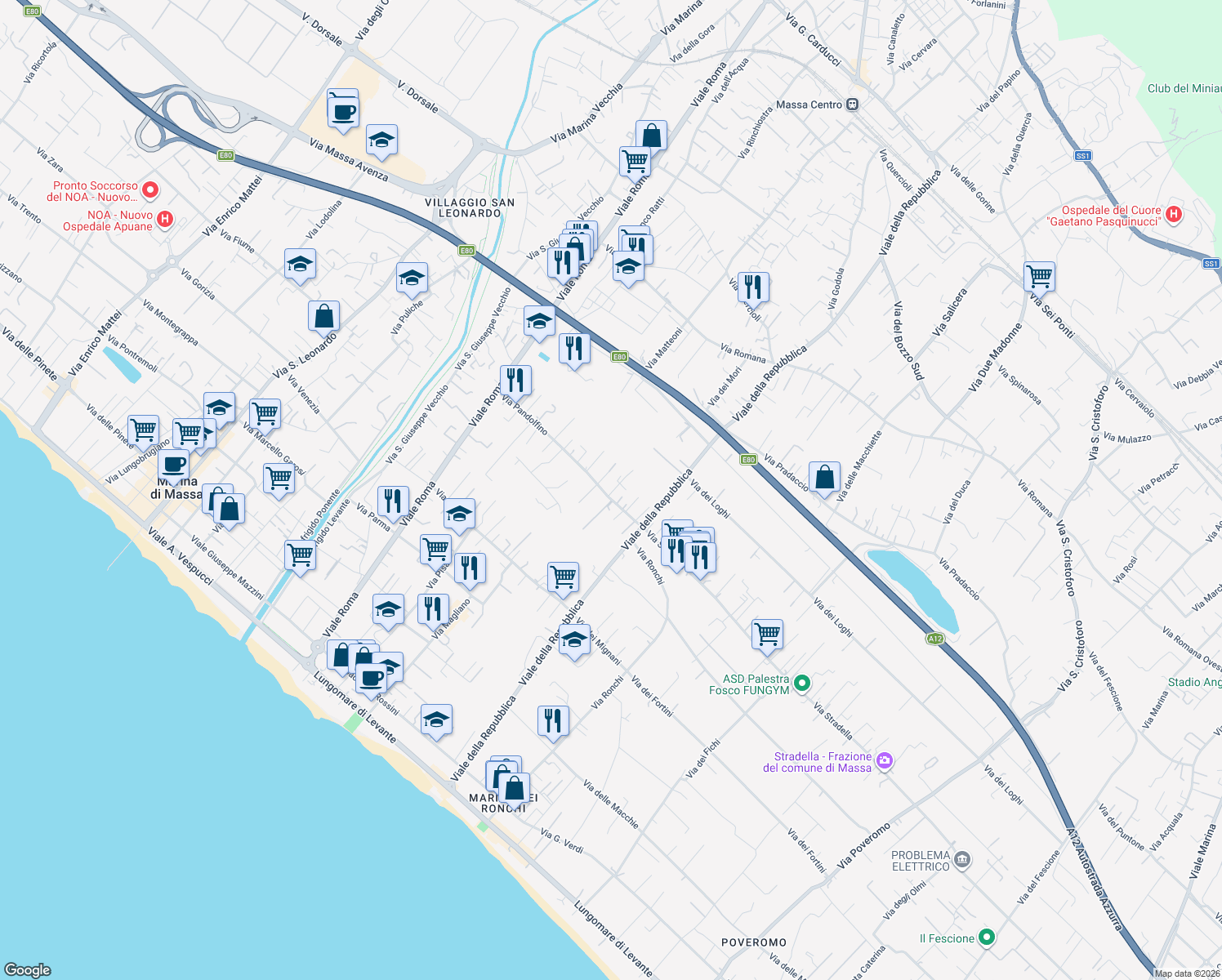 map of restaurants, bars, coffee shops, grocery stores, and more near 218 Via Pandolfino in Massa