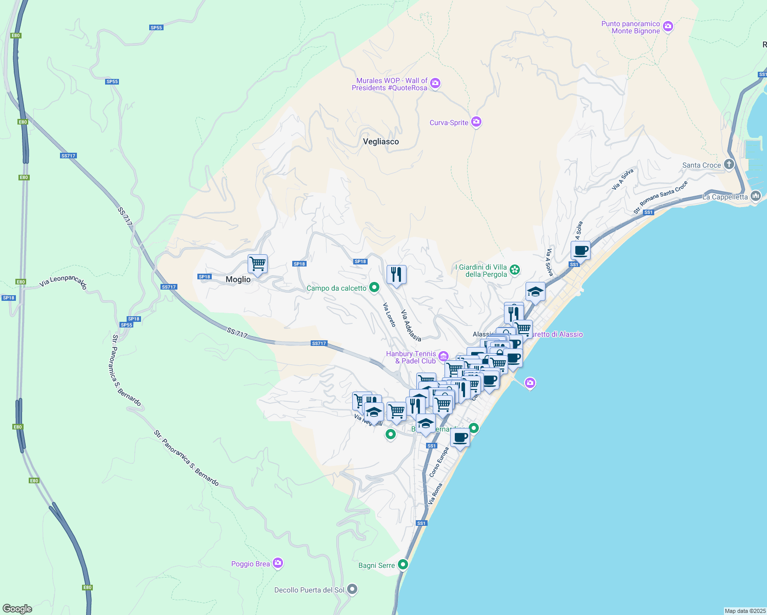 map of restaurants, bars, coffee shops, grocery stores, and more near 107 Via Loreto in Alassio