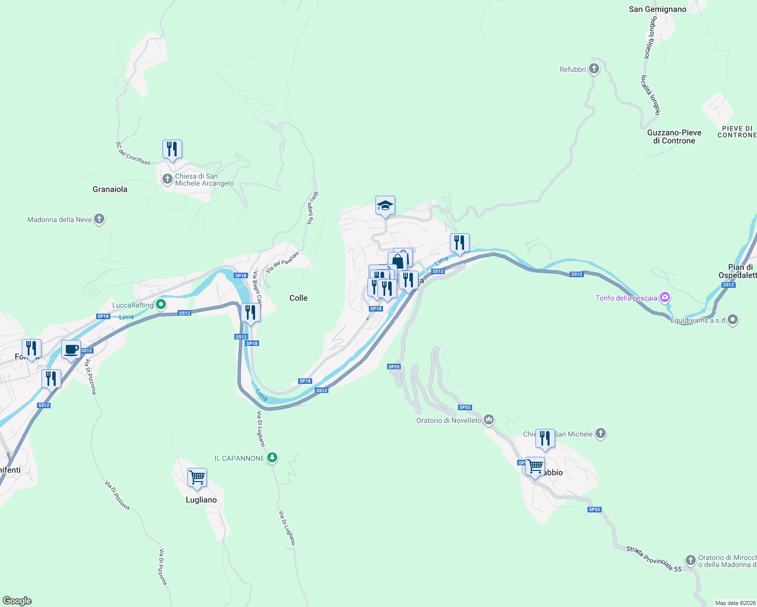 map of restaurants, bars, coffee shops, grocery stores, and more near 3 Viale Marion Crawford in Bagni di Lucca