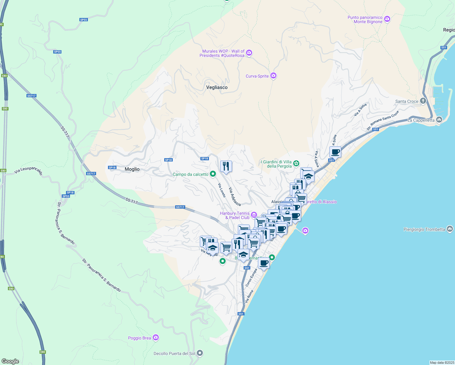 map of restaurants, bars, coffee shops, grocery stores, and more near 44 Via Adelasia in Alassio