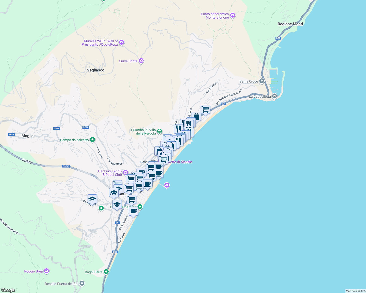 map of restaurants, bars, coffee shops, grocery stores, and more near 6-31 Via Antonio Gramsci in Alassio