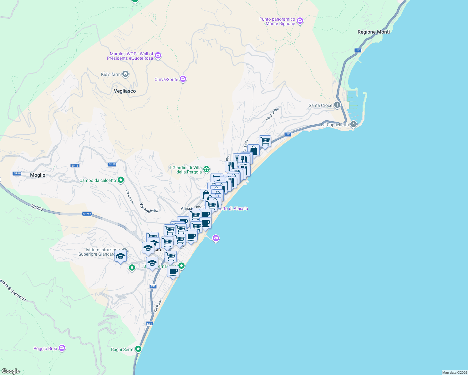 map of restaurants, bars, coffee shops, grocery stores, and more near 6-31 Via Antonio Gramsci in Alassio