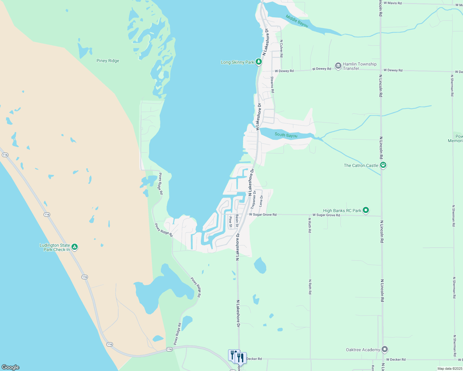map of restaurants, bars, coffee shops, grocery stores, and more near 2969 North George Lane in Ludington