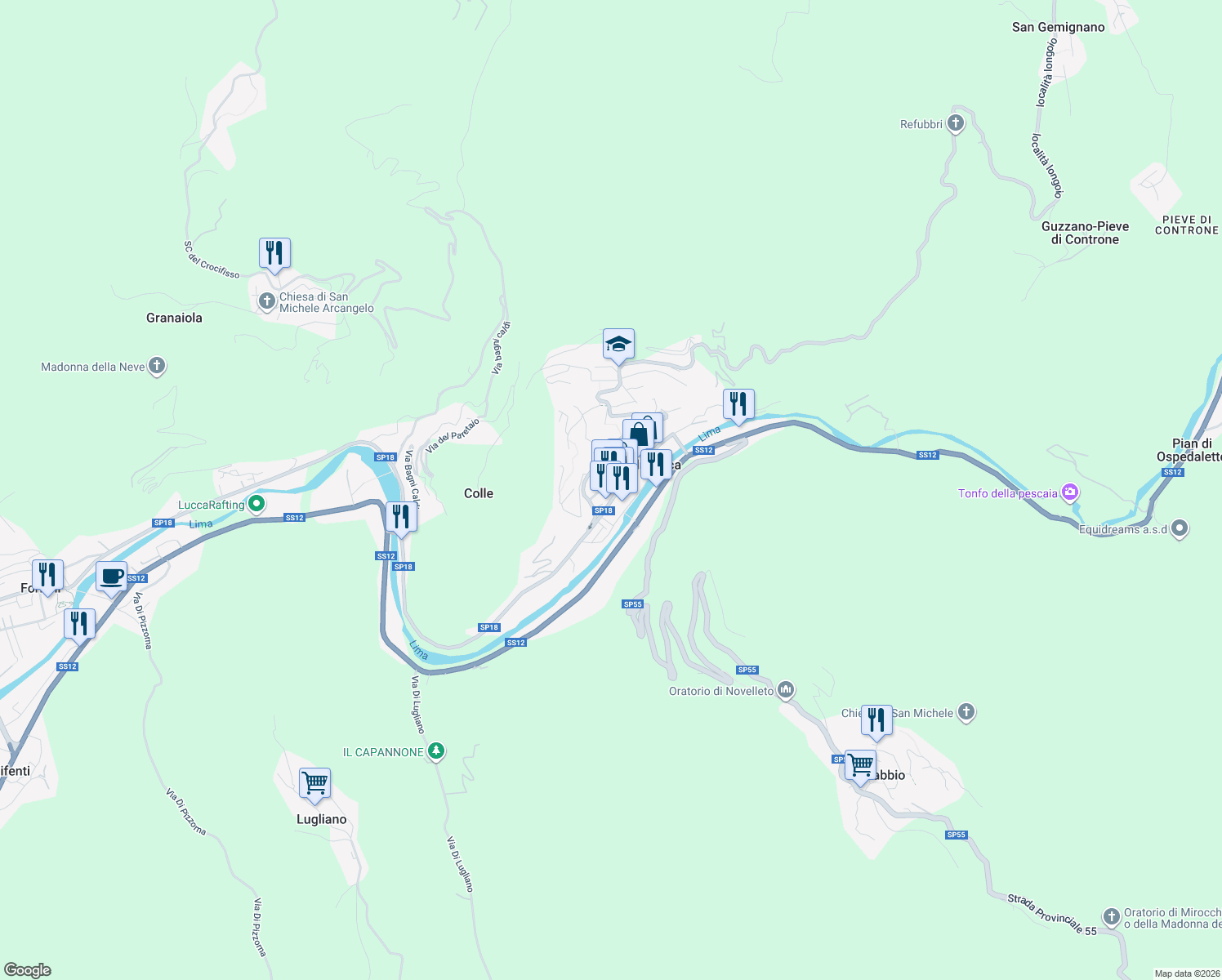 map of restaurants, bars, coffee shops, grocery stores, and more near 3 Viale Marion Crawford in Bagni di Lucca