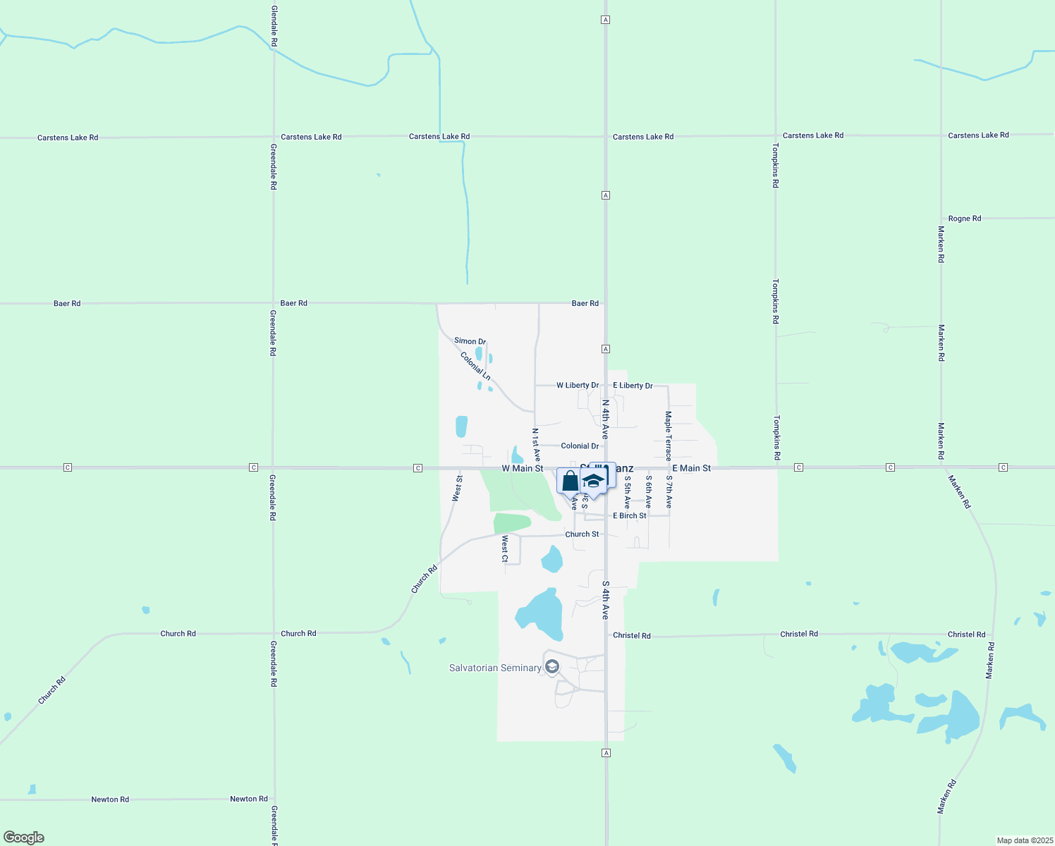 map of restaurants, bars, coffee shops, grocery stores, and more near 112 N 1st Ave in Valders