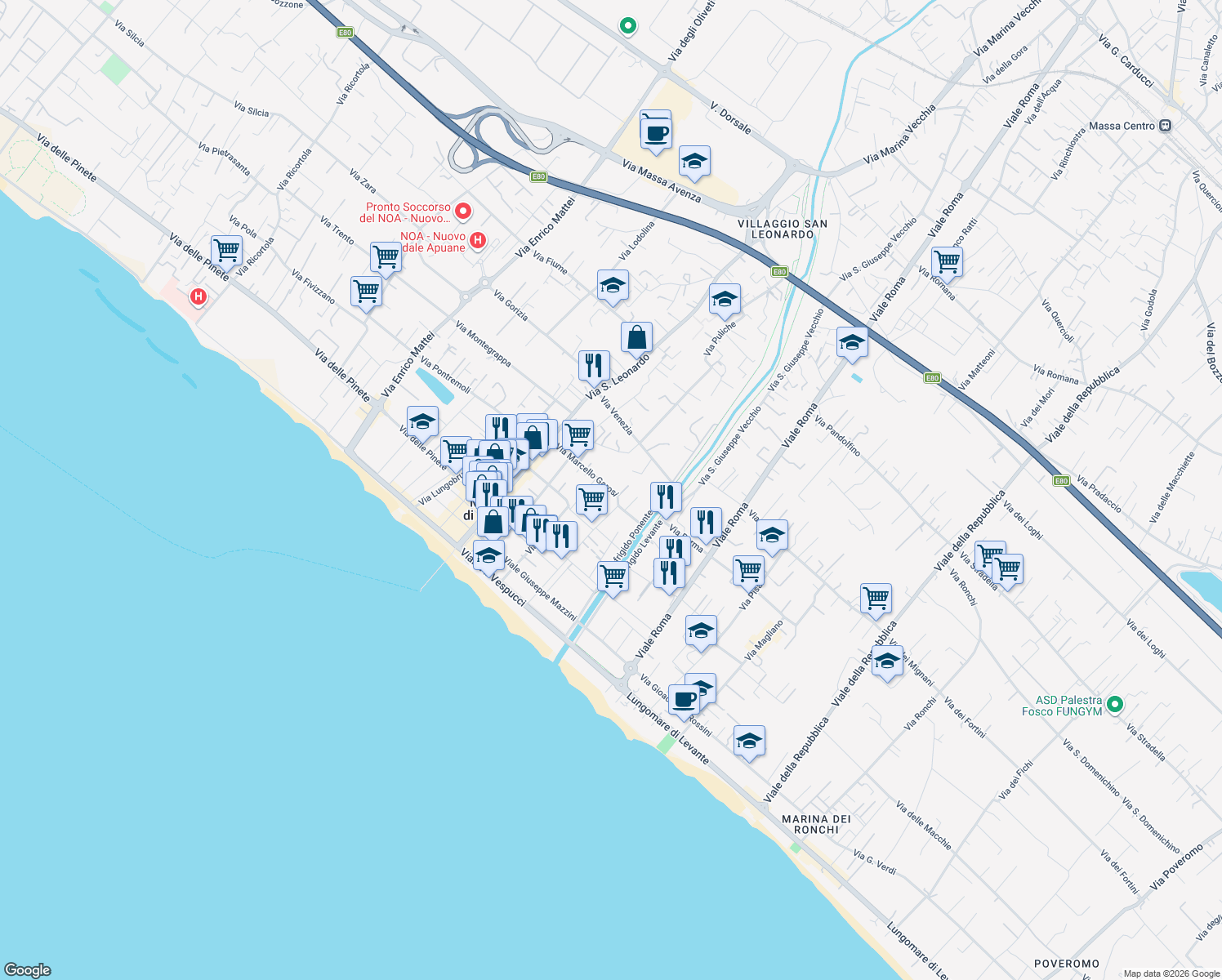 map of restaurants, bars, coffee shops, grocery stores, and more near 62 Via Marcello Garosi in Marina di Massa