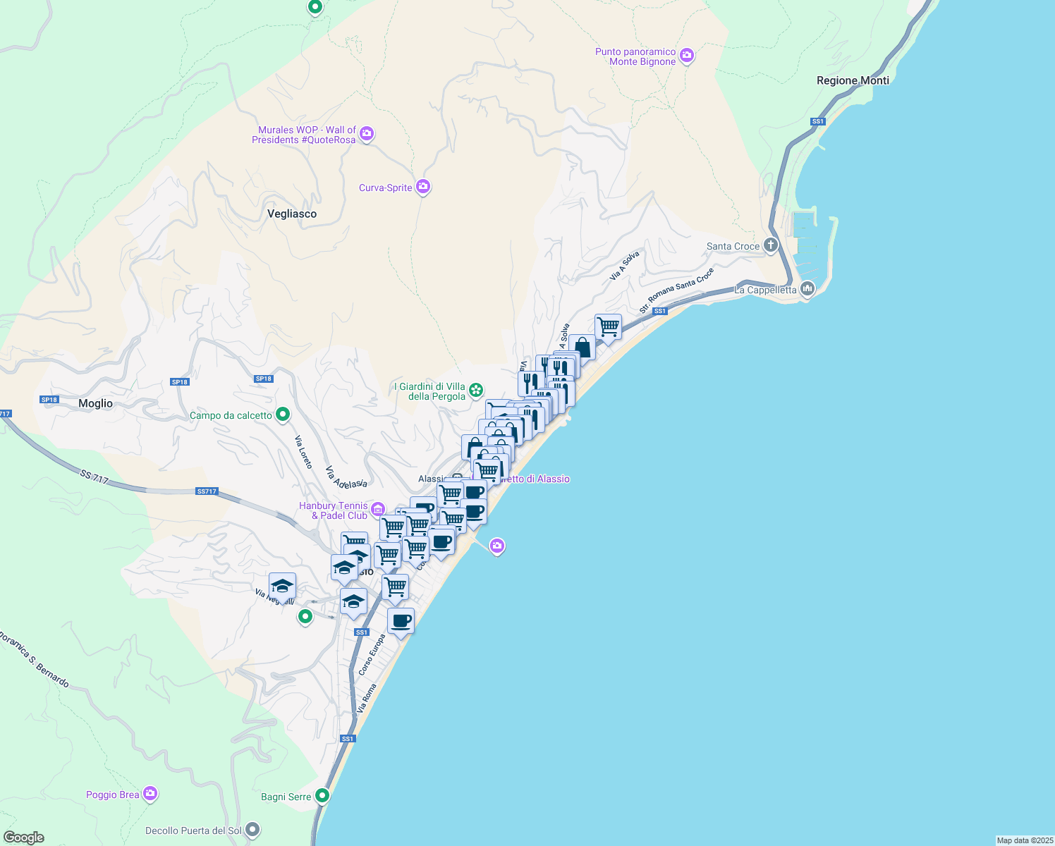 map of restaurants, bars, coffee shops, grocery stores, and more near 31 Via Antonio Gramsci in Alassio