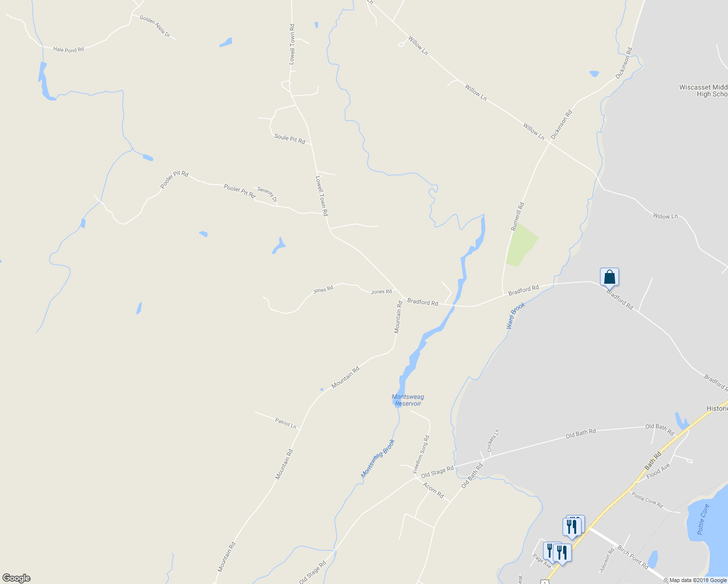 map of restaurants, bars, coffee shops, grocery stores, and more near 347 Bradford Road in Wiscasset