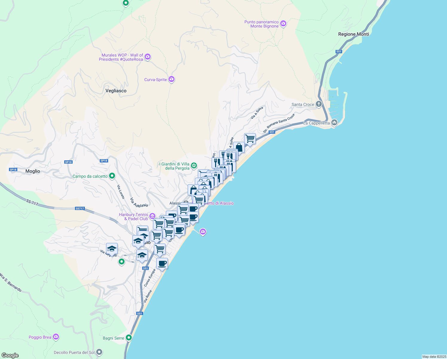 map of restaurants, bars, coffee shops, grocery stores, and more near 6-31 Via Antonio Gramsci in Alassio