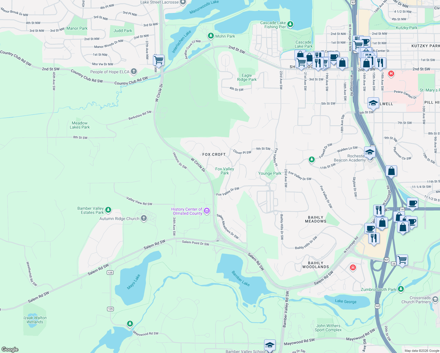 map of restaurants, bars, coffee shops, grocery stores, and more near 921 Foxcroft Circle Southwest in Rochester