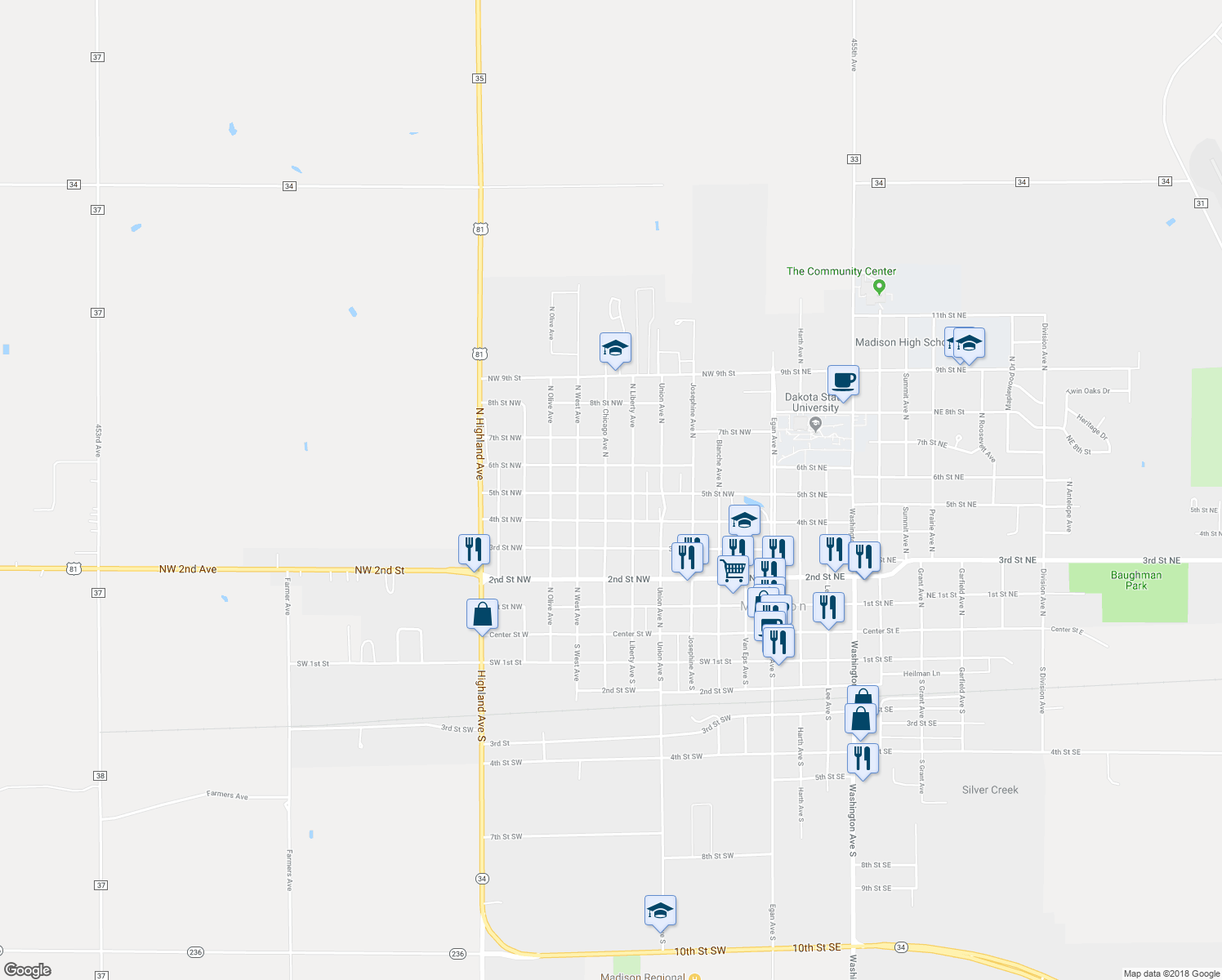 map of restaurants, bars, coffee shops, grocery stores, and more near 608 Chicago Avenue North in Madison