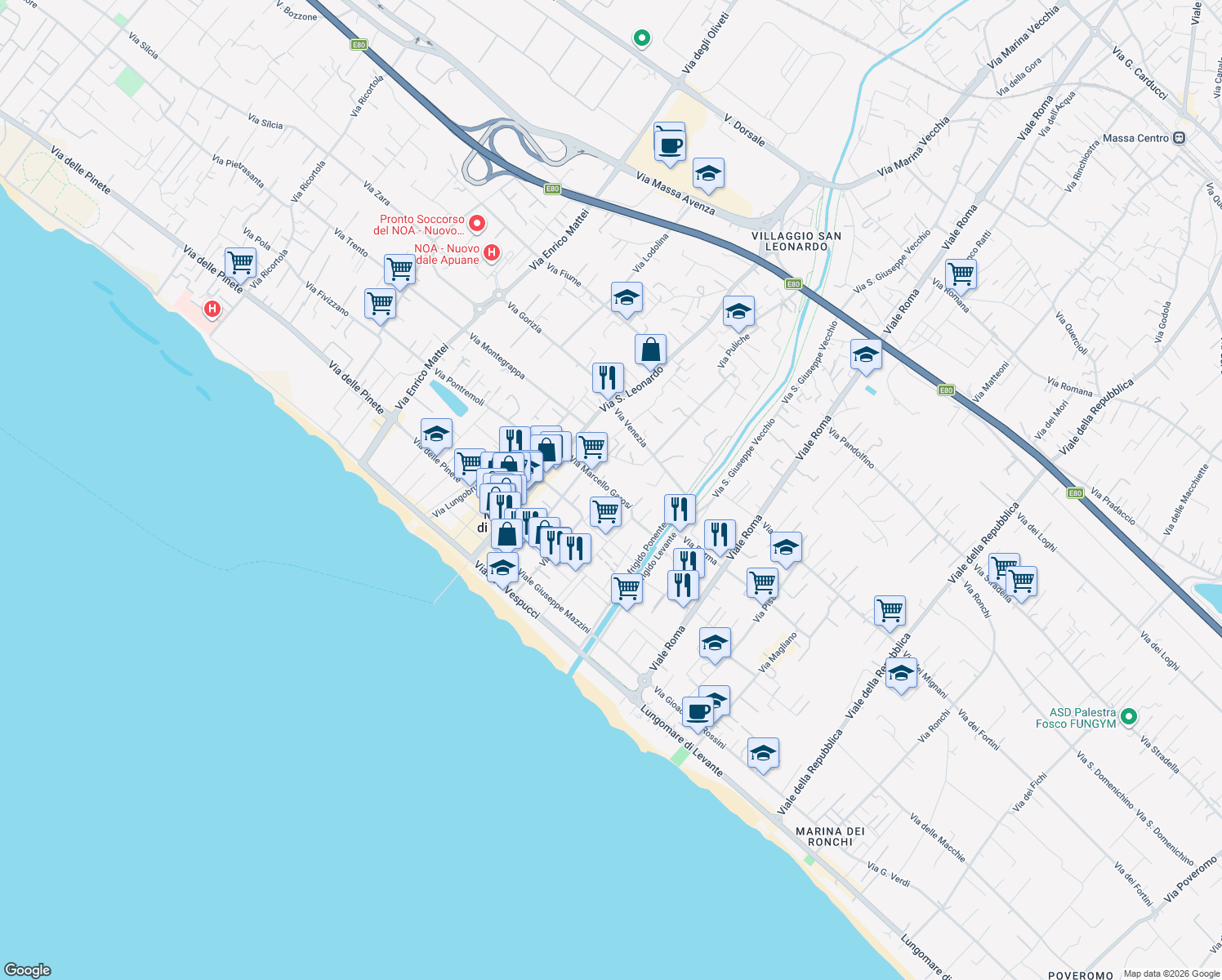map of restaurants, bars, coffee shops, grocery stores, and more near 62 Via Marcello Garosi in Marina di Massa