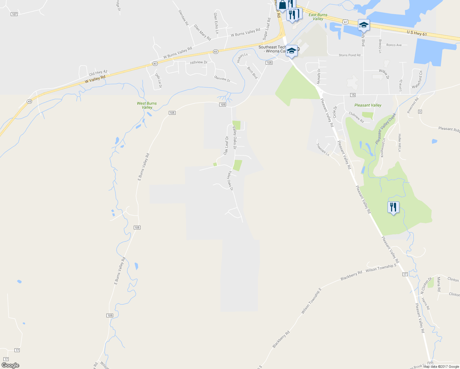 map of restaurants, bars, coffee shops, grocery stores, and more near 375 Valley Oaks Drive in Winona