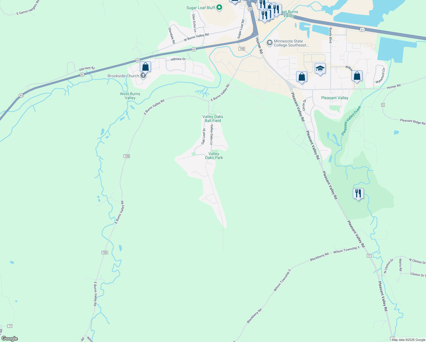 map of restaurants, bars, coffee shops, grocery stores, and more near 65 Oakwood Court in Winona