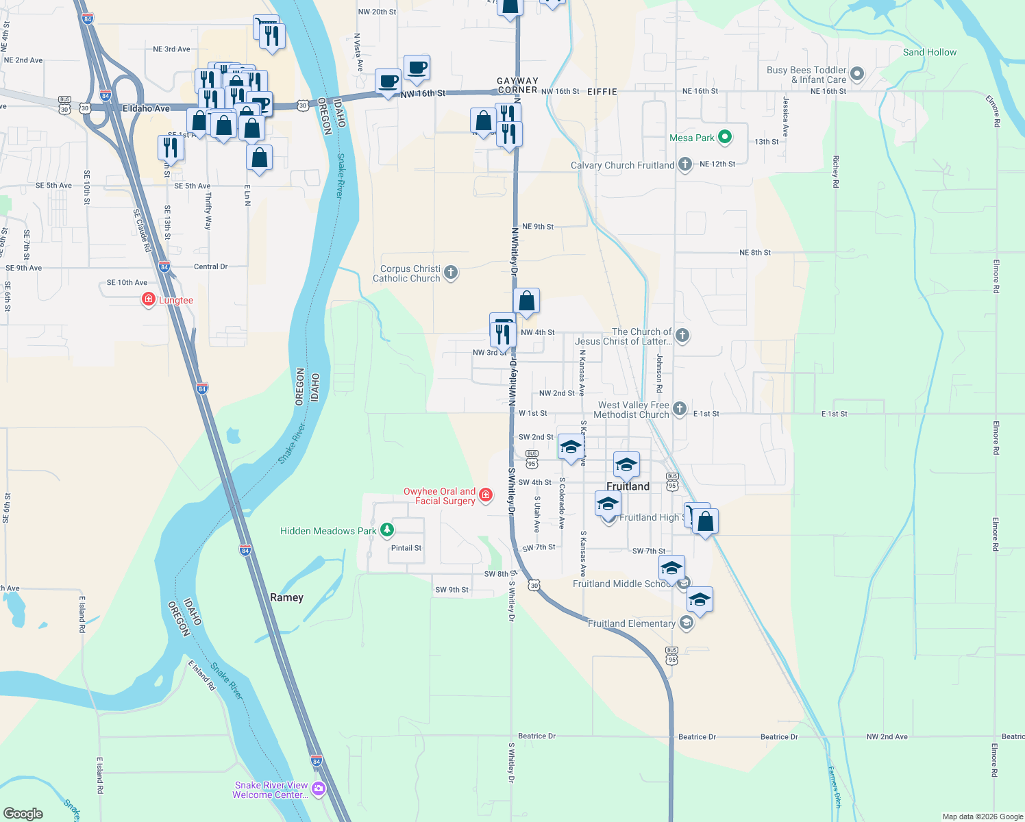 map of restaurants, bars, coffee shops, grocery stores, and more near 108 Whitley Drive in Fruitland