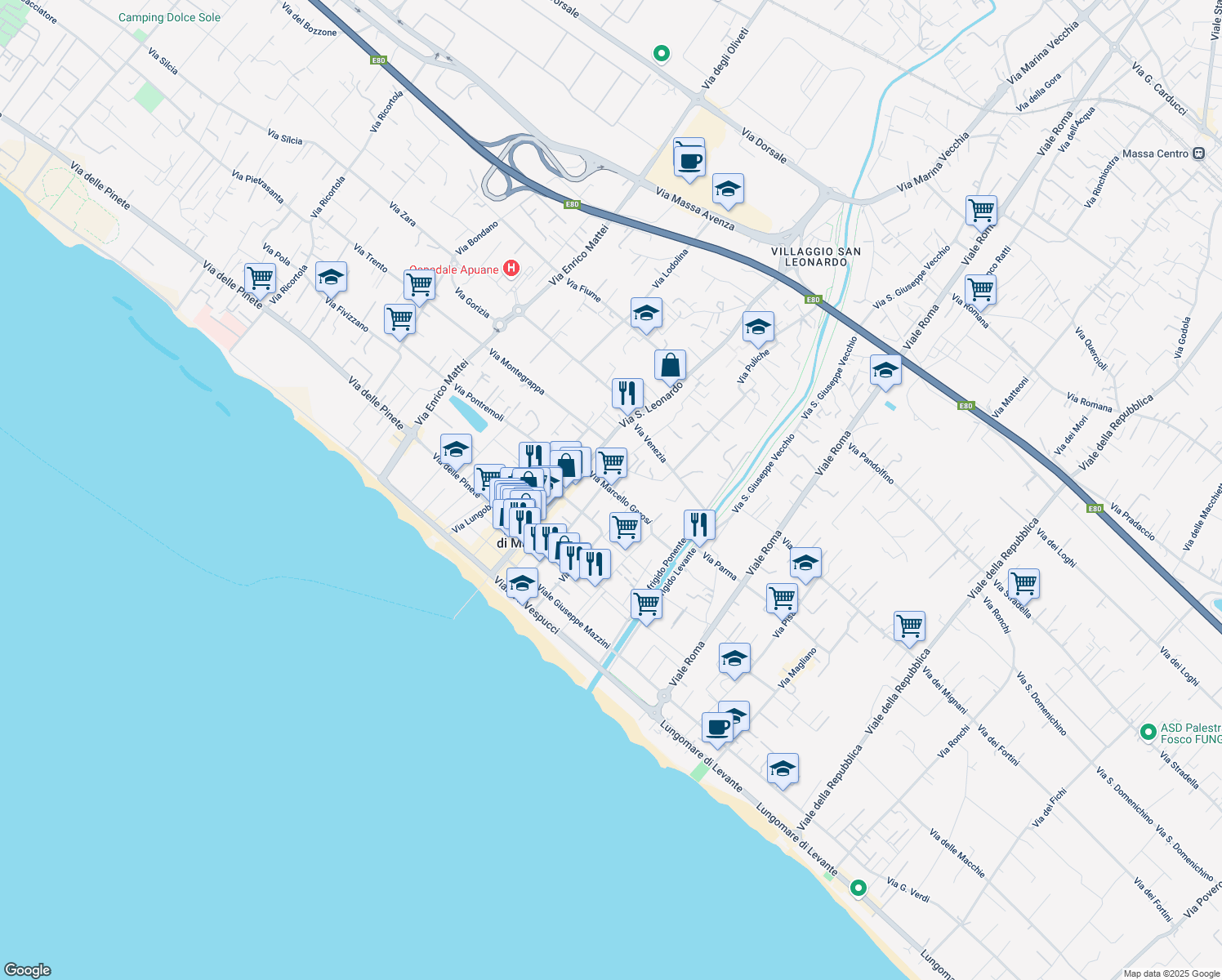 map of restaurants, bars, coffee shops, grocery stores, and more near 53 Via Marcello Garosi in Marina di Massa