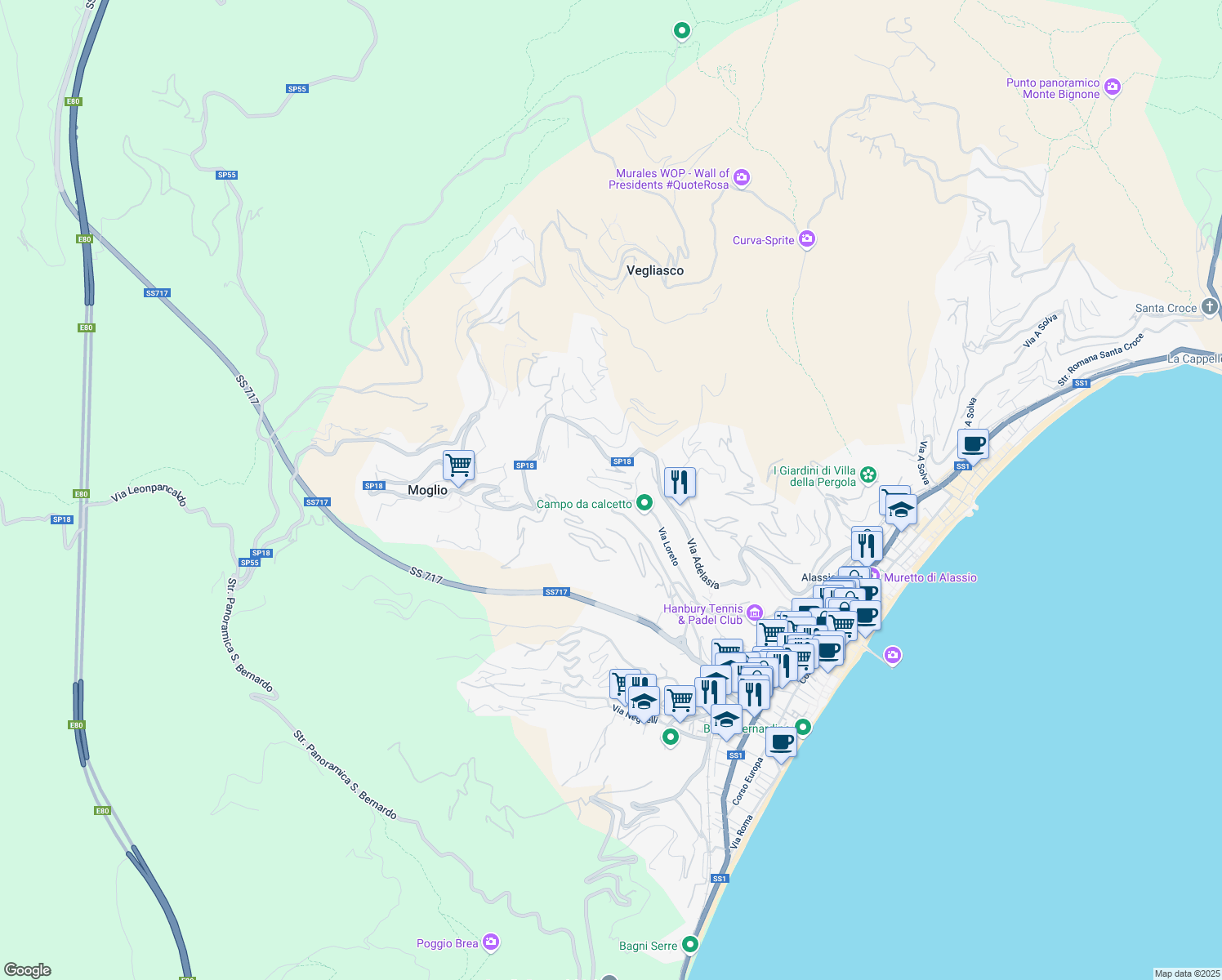 map of restaurants, bars, coffee shops, grocery stores, and more near 25 Via Loreto Alta in Alassio