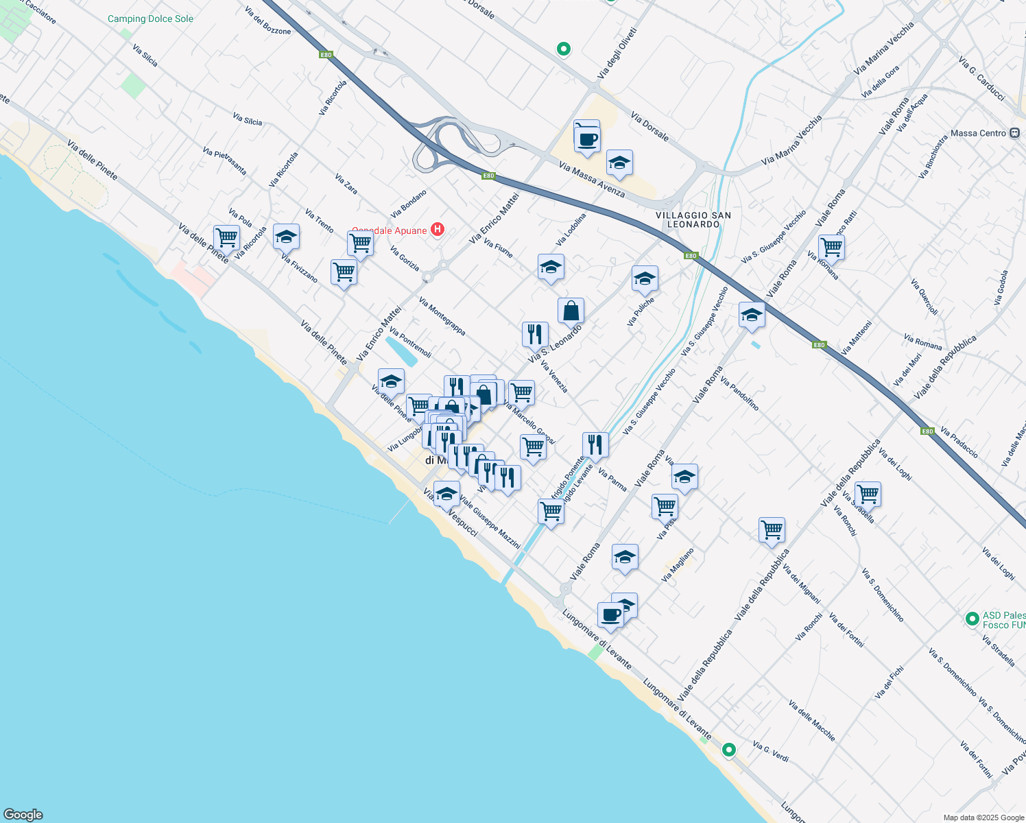 map of restaurants, bars, coffee shops, grocery stores, and more near 53 Via Marcello Garosi in Massa