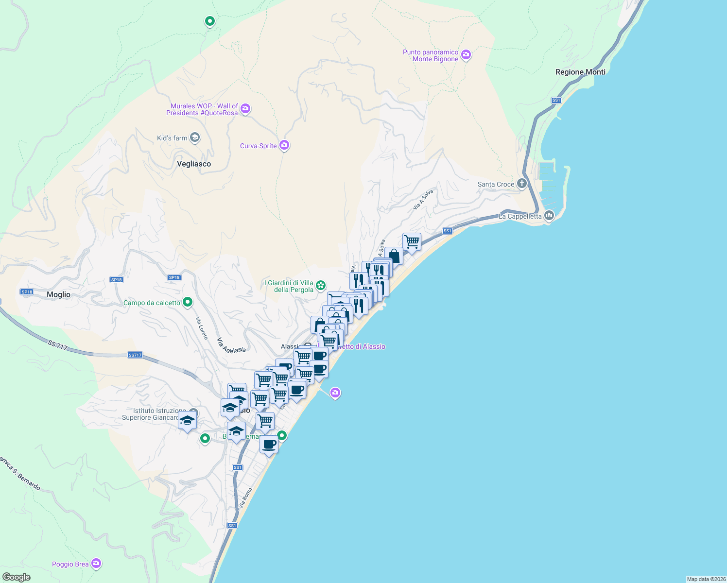 map of restaurants, bars, coffee shops, grocery stores, and more near 107 Viale Daniel Hanbury in Alassio