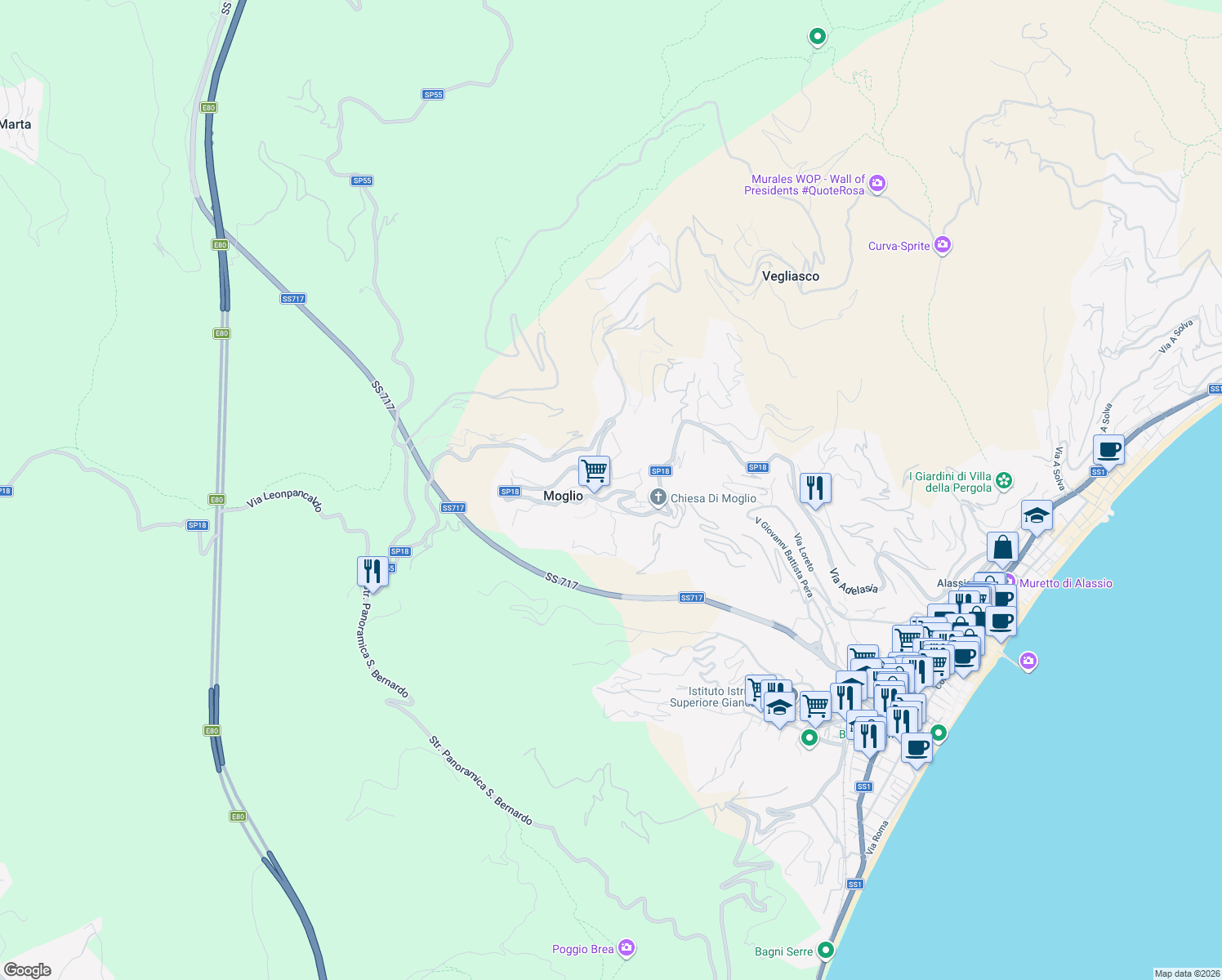 map of restaurants, bars, coffee shops, grocery stores, and more near 6 Via Filippo Airaldi in Alassio