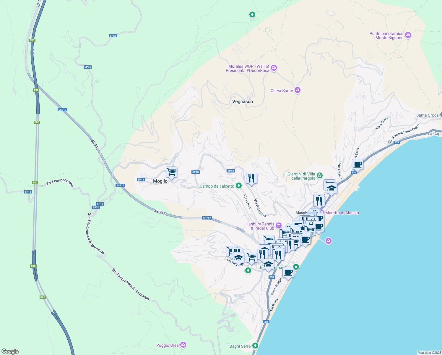map of restaurants, bars, coffee shops, grocery stores, and more near 25 Via Loreto Alta in Alassio