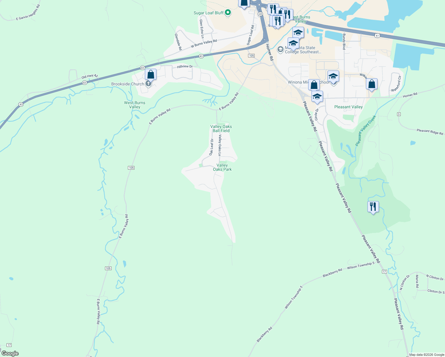 map of restaurants, bars, coffee shops, grocery stores, and more near 65 Oakwood Court in Winona