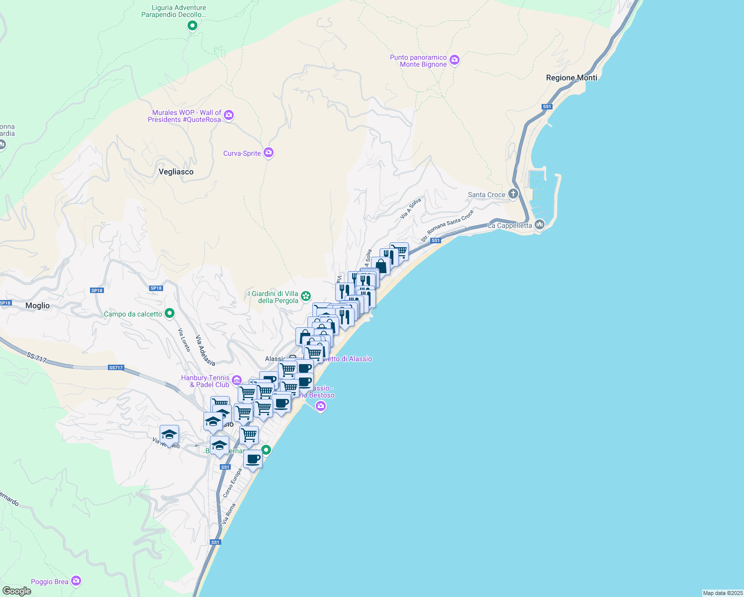 map of restaurants, bars, coffee shops, grocery stores, and more near 10 Vico del Cantiere in Alassio