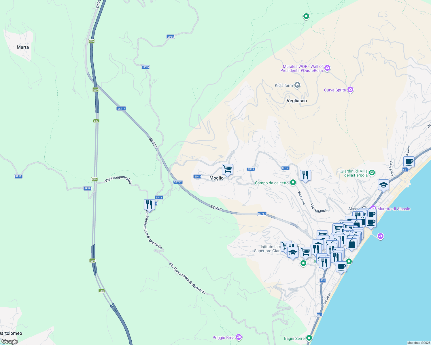 map of restaurants, bars, coffee shops, grocery stores, and more near 102 Via Leonpancaldo in Moglio