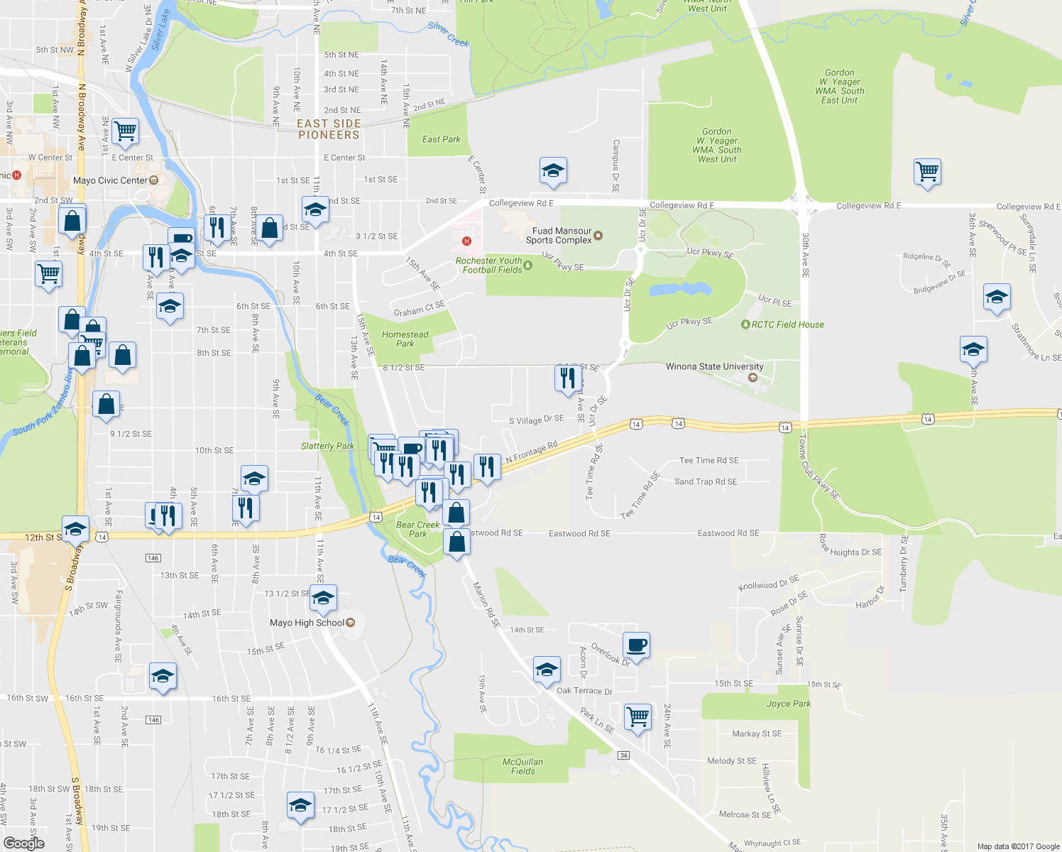 map of restaurants, bars, coffee shops, grocery stores, and more near 1902 South Village Drive Southeast in Rochester
