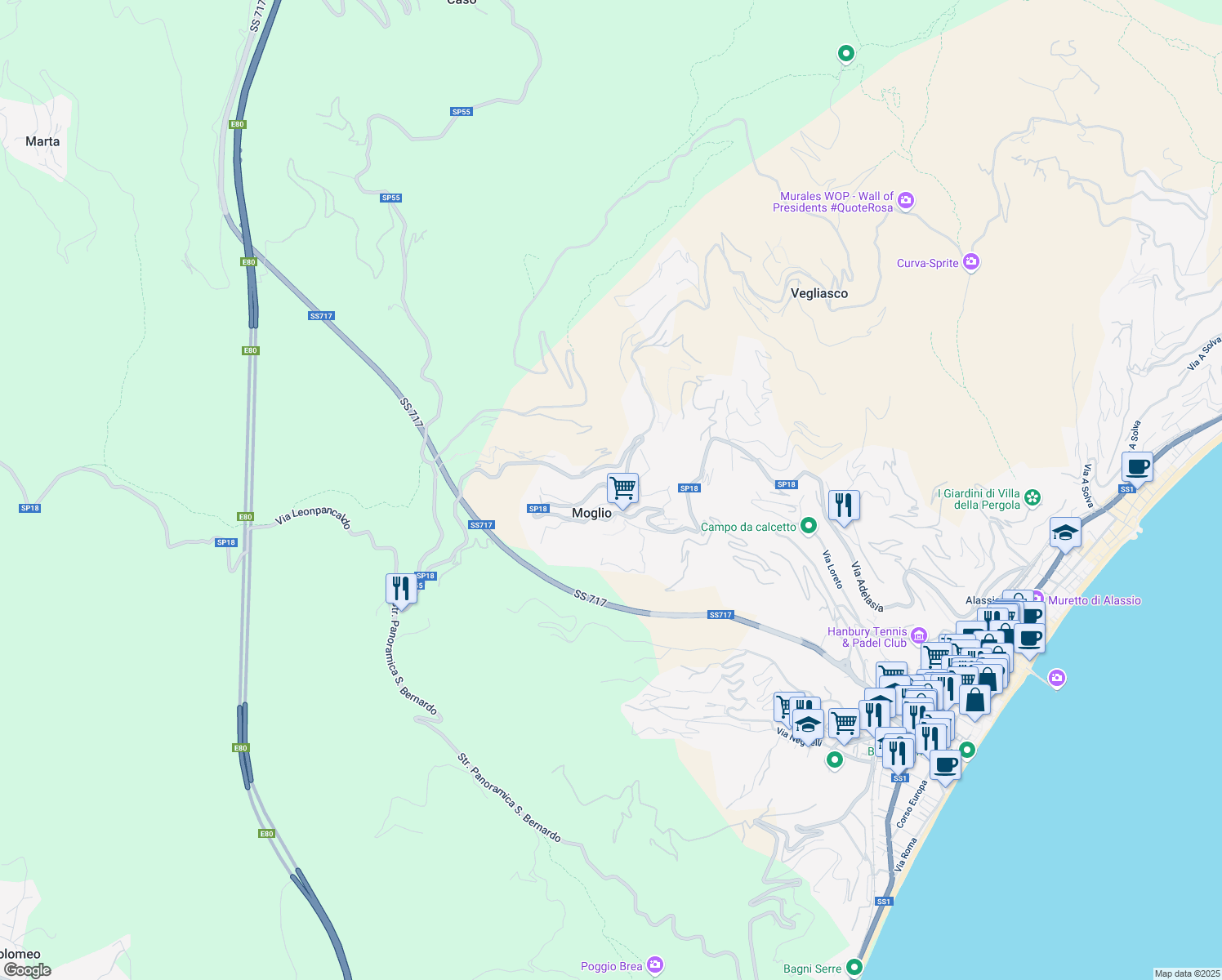 map of restaurants, bars, coffee shops, grocery stores, and more near 82 Via Leonpancaldo in Alassio