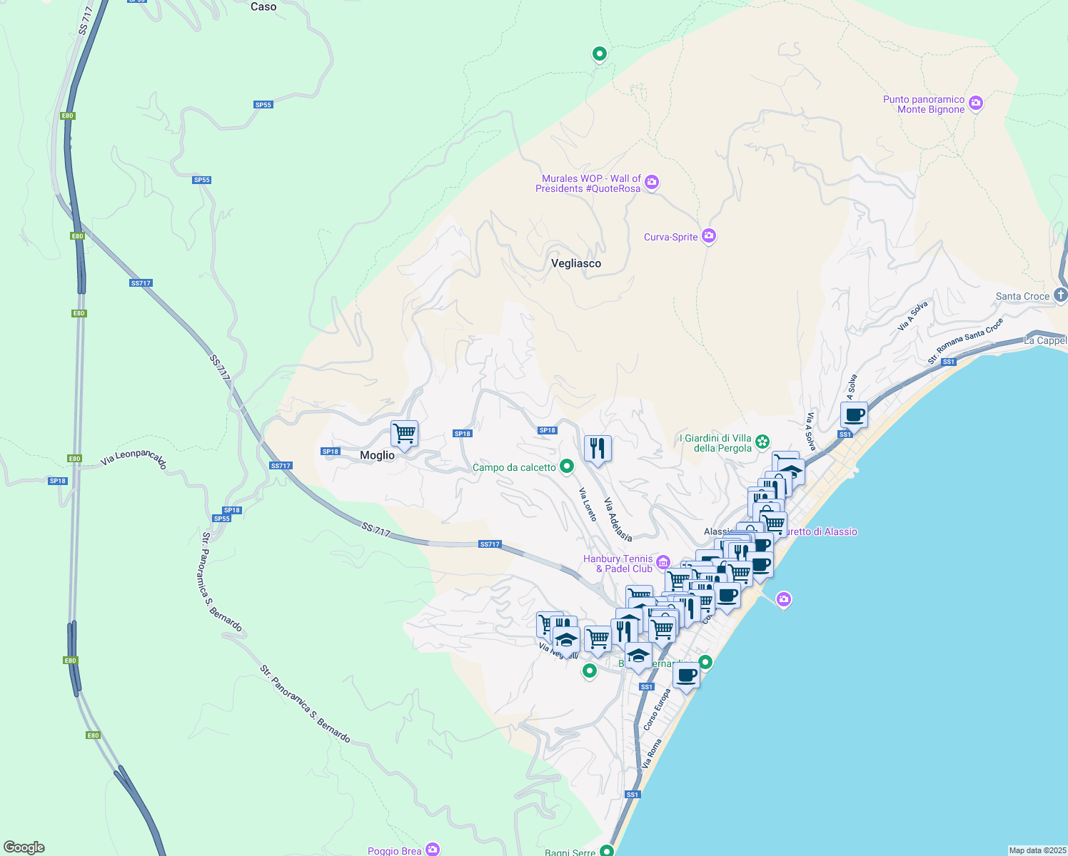 map of restaurants, bars, coffee shops, grocery stores, and more near 82-141 Via Leonpancaldo in Alassio