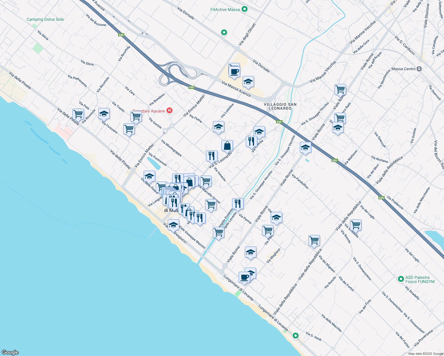 map of restaurants, bars, coffee shops, grocery stores, and more near 24 Via Venezia in Marina di Massa