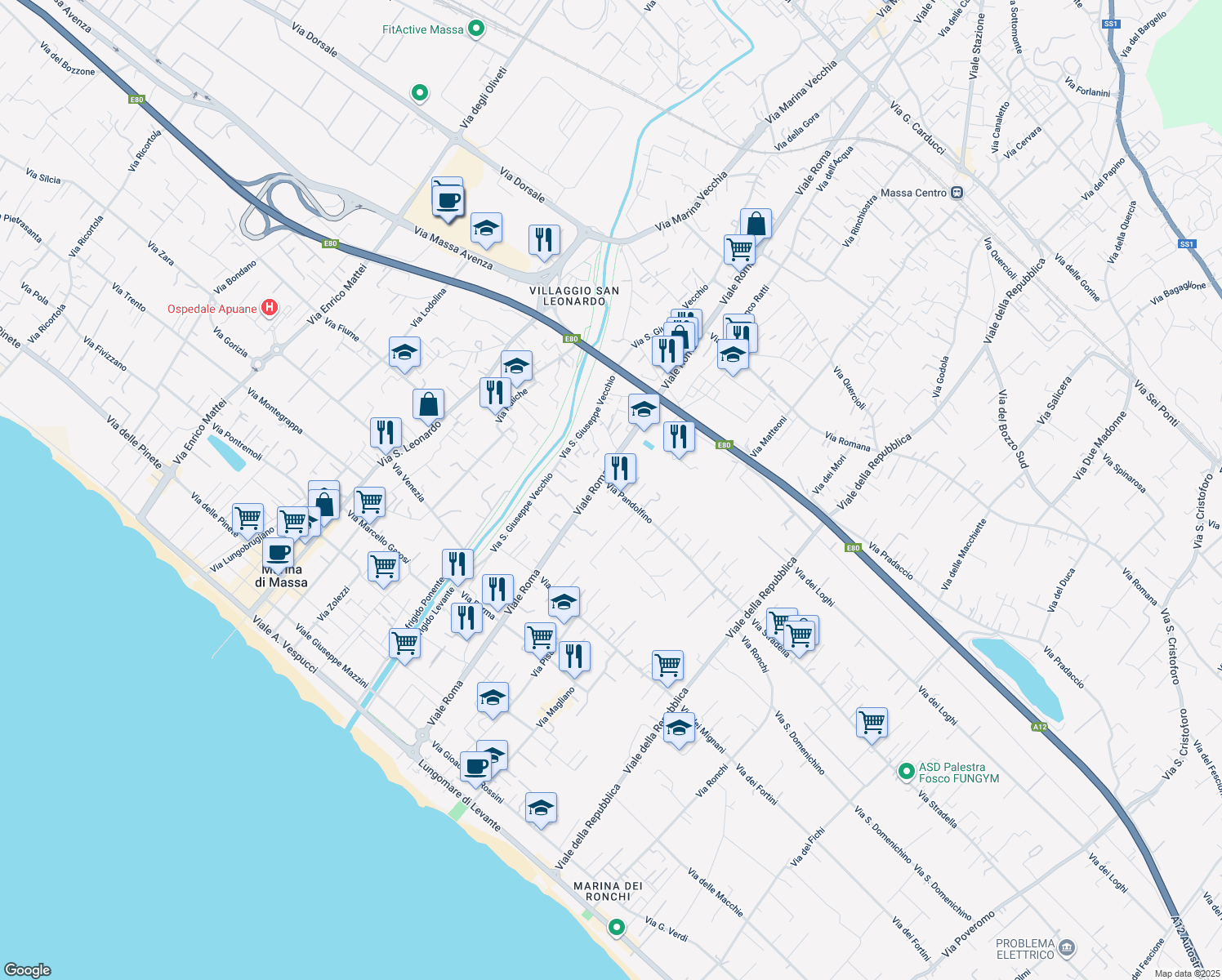 map of restaurants, bars, coffee shops, grocery stores, and more near 283 Viale Roma in Massa