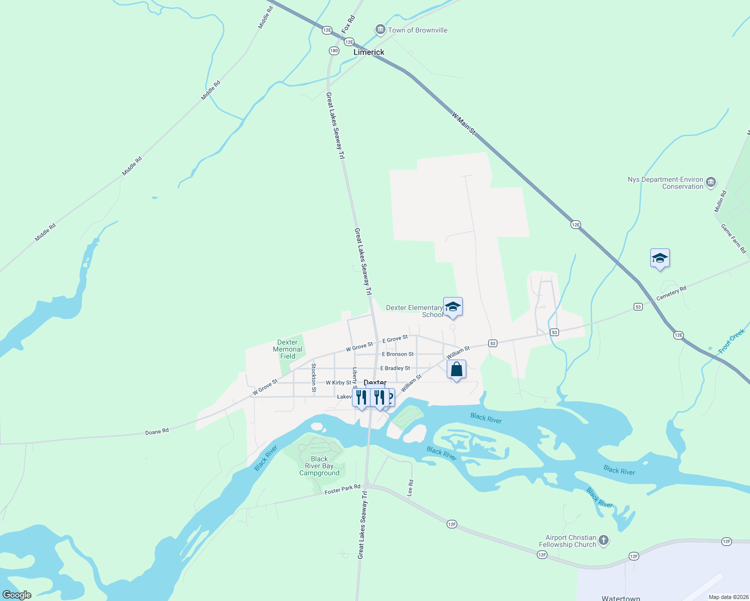 map of restaurants, bars, coffee shops, grocery stores, and more near 23898 Highway 180 in Dexter