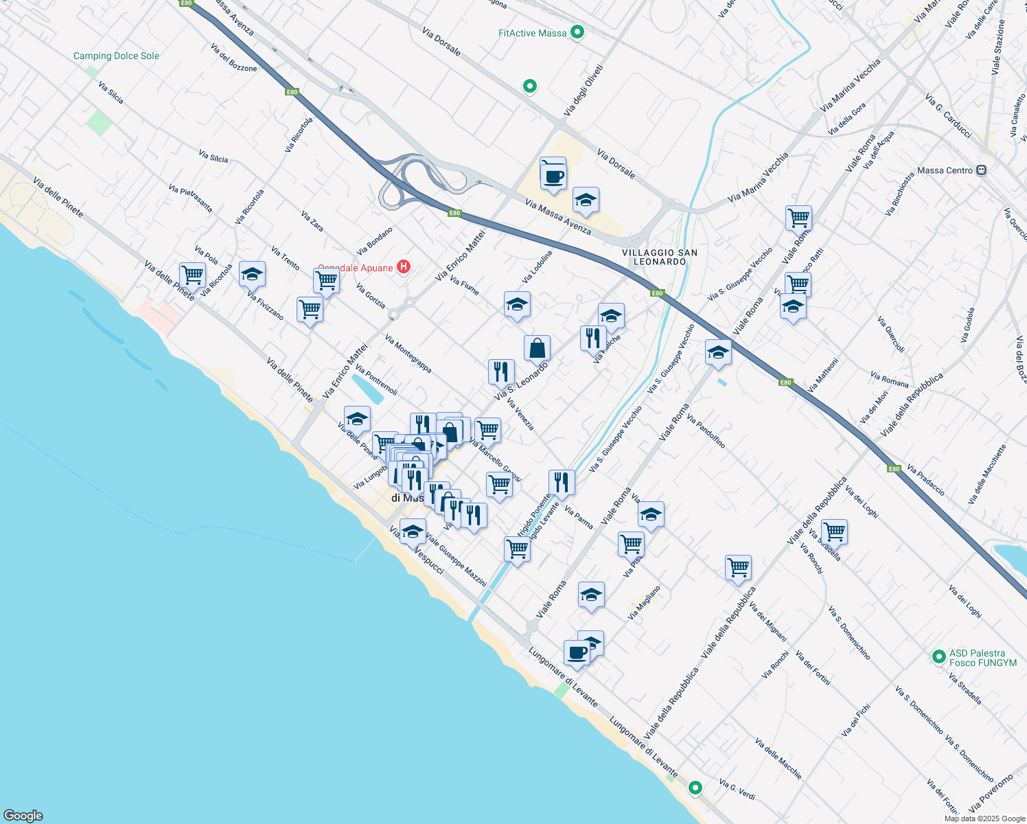 map of restaurants, bars, coffee shops, grocery stores, and more near 24 Via Venezia in Marina di Massa