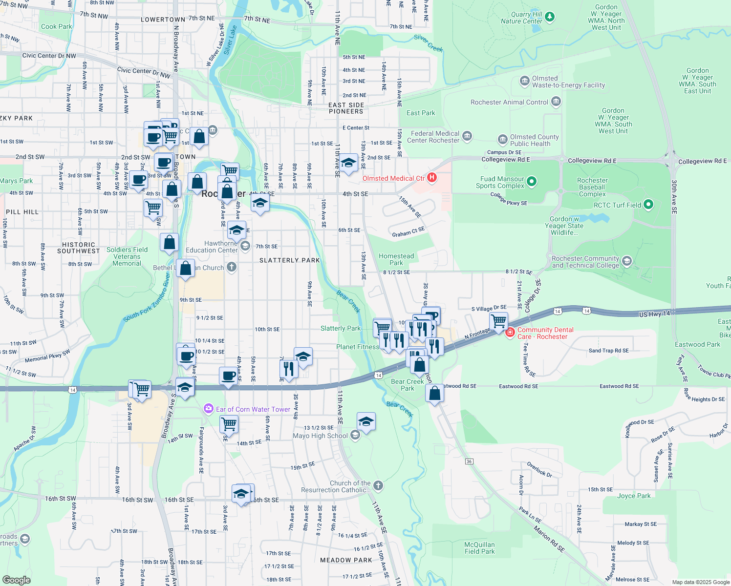 map of restaurants, bars, coffee shops, grocery stores, and more near 869 15th Avenue Southeast in Rochester