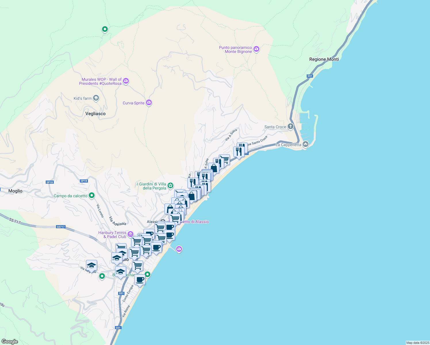 map of restaurants, bars, coffee shops, grocery stores, and more near 190F Viale Daniel Hanbury in Alassio