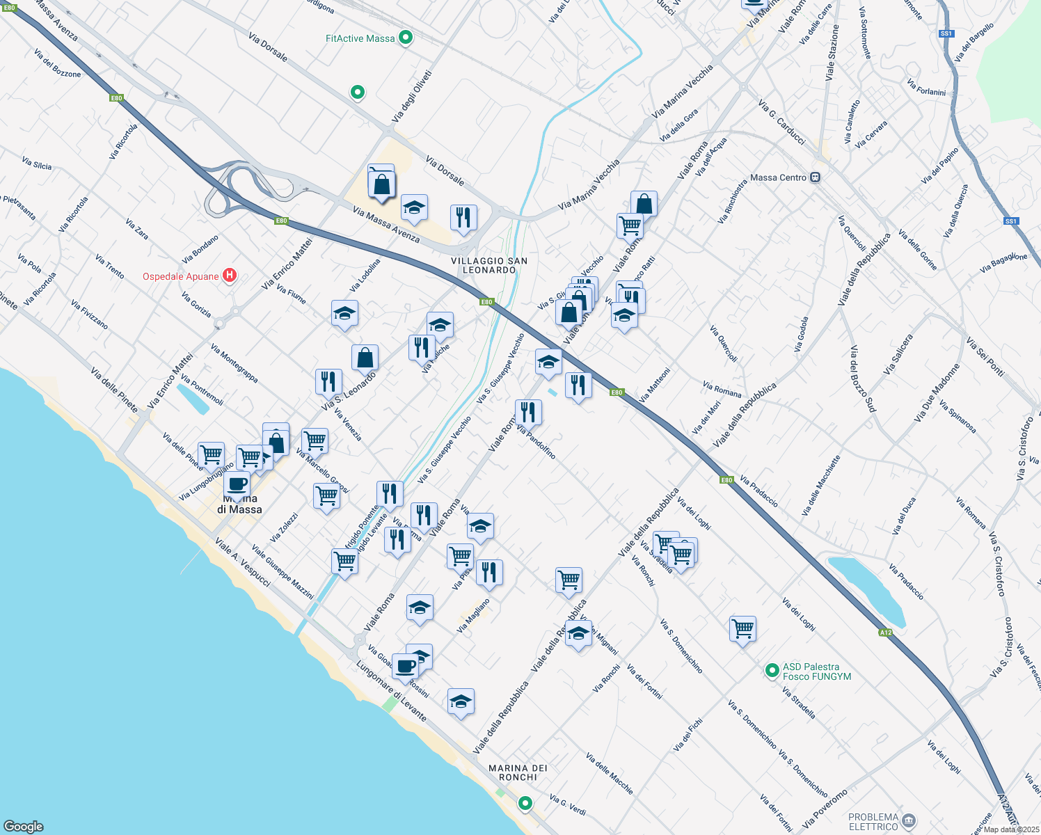 map of restaurants, bars, coffee shops, grocery stores, and more near 281-283 Viale Roma in Massa