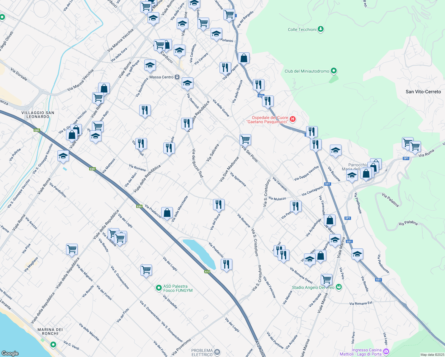 map of restaurants, bars, coffee shops, grocery stores, and more near 35 Via Due Madonne in Massa