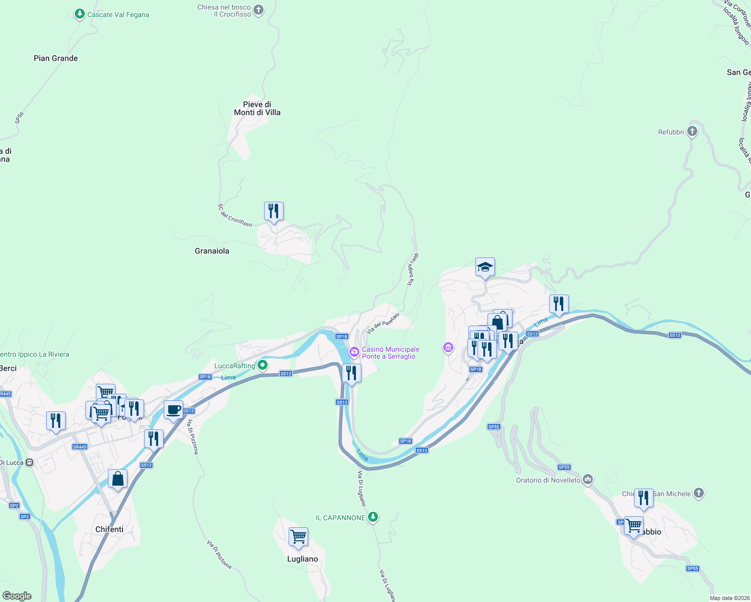 map of restaurants, bars, coffee shops, grocery stores, and more near in Bagni di Lucca