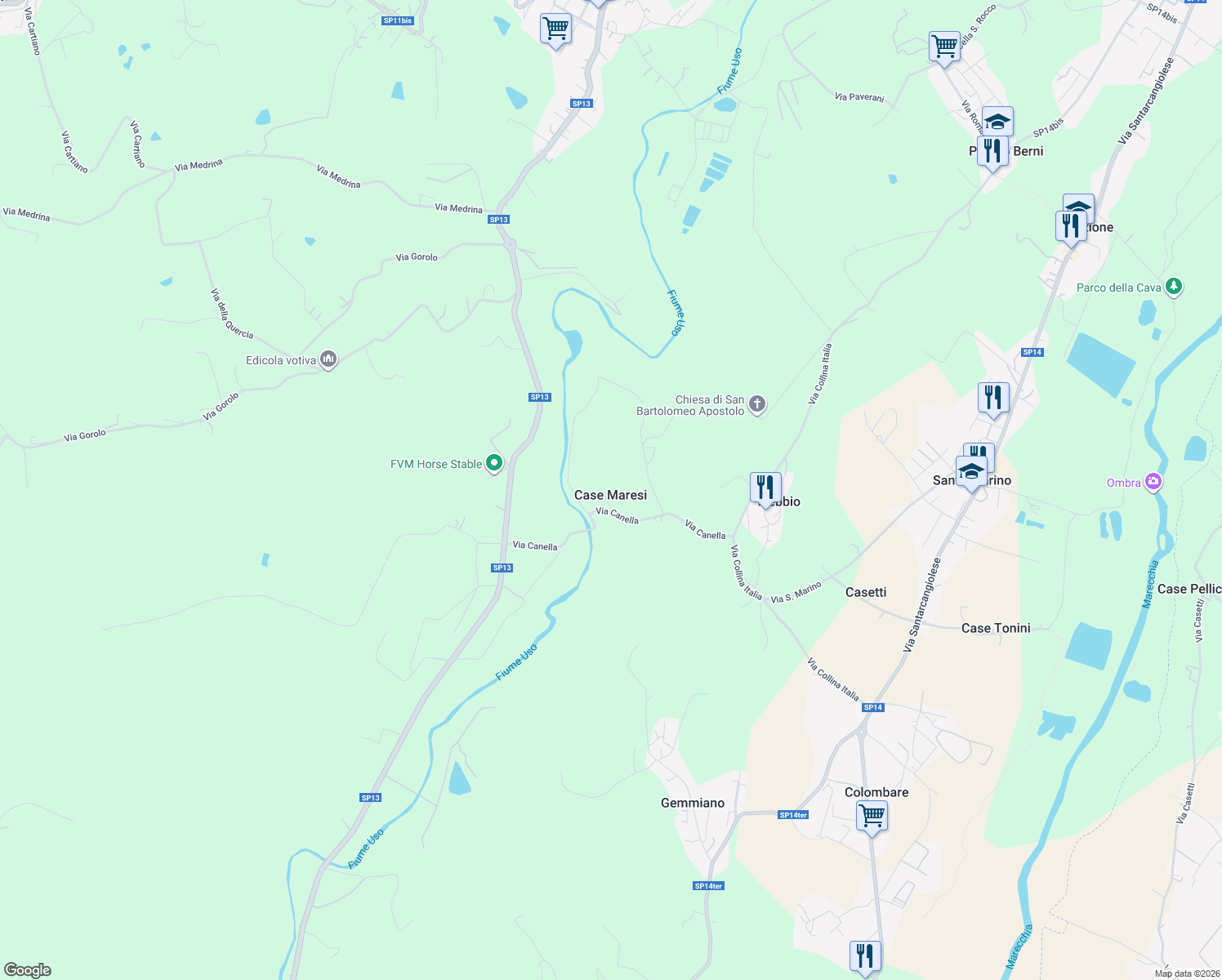 map of restaurants, bars, coffee shops, grocery stores, and more near Via Casetti Uso in Case Maresi